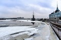 Russia, St. Petersburg, January 2020. Winter view of the Bolshaya Nevka river embankment.