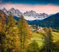 Magnificent view of Santa Maddalena village in front of the Geisler or Odle Dolomites Group. Royalty Free Stock Photo