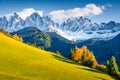 Magnificent view of Santa Maddalena village hills in front of the Geisler or Odle Dolomites Group. Colorful autumn scene of Dolomi Royalty Free Stock Photo