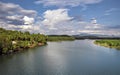 Magnificent view of the Sharavathi river with nice blue sky background in Honnavar, Karnataka, India Royalty Free Stock Photo