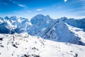 Magnificent view of the snow-white tall mighty mountains Elbrus, ski resort, The Kabardino-Balkarian Republic, Russia