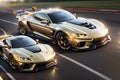 A Magnificent View of State-of-the-Art Golden Sports Cars on the Race Track. AI generated