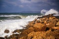 Magnificent view to stormy sea, big wave and splashing water