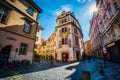 Magnificent views of the narrow Karlova street in the center of Prague in sunlight. Dramatic and picturesque scene. Location