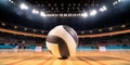 Magnificent volleyball arena with a volleyball ball on a wooden floor with spectators in the grandstand. Professional world sport