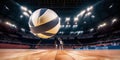 Magnificent volleyball arena with a volleyball ball on a wooden floor with spectators in the grandstand. Professional world sport