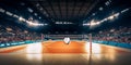 Magnificent volleyball arena with a volleyball ball on a wooden floor with spectators in the grandstand. Professional world sport