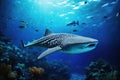 A magnificent whale swims gracefully over a colorful coral reef, creating a stunning display of marine life, Whale shark,