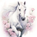 a magnificent white horse gallops through a meadow of flowers. cute watercolor clipart. Template. Close-up. Clip art