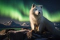 A magnificent white wolf confidently sits atop a sturdy rock, showcasing its regal presence and natural beauty, An arctic fox