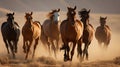 Magnificent wild horses racing across the valley plains on a bright sunny day. Generative AI