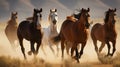 Magnificent wild horses racing across the valley plains on a bright sunny day. Generative AI