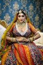 Magnificent young Indian bride in luxurious dress and precious jewellery is sitting in a chair in a banquet hall. Wedding fashion