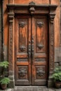 Magnificently decorated wooden window shutters with intricate knot designs and historical scenes ornate