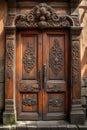 Magnificently decorated wooden window shutters with intricate knot designs and historical scenes ornate