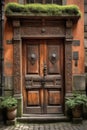 Magnificently decorated wooden window shutters with intricate knot designs and historical scenes ornate