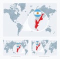 Magnified Argentina over Map of the World, 3 versions of the World Map with flag and map of Argentina Royalty Free Stock Photo