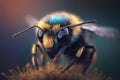 Magnified Close-Up of a Bee\'s Head with Yellow Pollen Dust