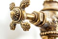 Magnified detail of an elaborate brass faucet. Luxurious golden tap with intricate patterns. Concept of affluent