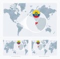 Magnified Ecuador over Map of the World, 3 versions of the World Map with flag and map of Ecuador Royalty Free Stock Photo