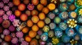 Magnified honeybee pollen pellets collected from a variety of blooming plants reveal a kaleidoscopic array of colors and