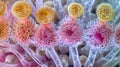A magnified image of pollen tubes growing from a stigma capturing the process of fertilization in plants. . Royalty Free Stock Photo