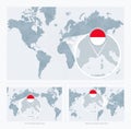 Magnified Monaco over Map of the World, 3 versions of the World Map with flag and map of Monaco Royalty Free Stock Photo
