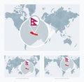 Magnified Nepal over Map of the World, 3 versions of the World Map with flag and map of Nepal Royalty Free Stock Photo