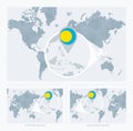 Magnified Palau over Map of the World, 3 versions of the World Map with flag and map of Palau Royalty Free Stock Photo