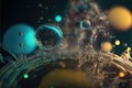 Magnified shiny colour liquid particles floating in the air created using generative ai technology