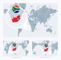 Magnified South Africa over Map of the World, 3 versions of the World Map with flag and map of South Africa Royalty Free Stock Photo