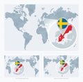 Magnified Sweden over Map of the World, 3 versions of the World Map with flag and map of Sweden Royalty Free Stock Photo