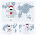 Magnified Syria over Map of the World, 3 versions of the World Map with flag and map of Syria