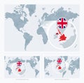 Magnified United Kingdom over Map of the World, 3 versions of the World Map with flag and map of United Kingdom Royalty Free Stock Photo