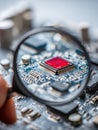 Magnified view of a red semiconductor chip on a complex electronic circuit board highlighting detailed microchip components and Royalty Free Stock Photo
