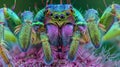 Magnified view of a spider fang coated in vibrant hues of green and purple highlighting the presence of deadly toxins