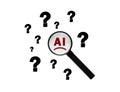 Magnifier on AI among question marks Royalty Free Stock Photo