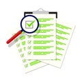 Magnifier assessment checklist icon. Vector flat style symbol.