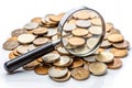 Magnifier and coins on a white background. Selective Focus Royalty Free Stock Photo