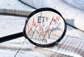 Magnifier and courses of ETF, funds and stocks Royalty Free Stock Photo