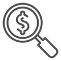 Magnifier with dollar line icon. Research or looking for cash symbol, outline style pictogram on white background. Money Royalty Free Stock Photo