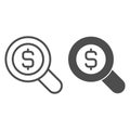 Magnifier with dollar line and solid icon, financial advice concept. Vector graphics. Money and magnifying glass sign on