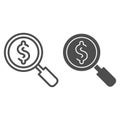 Magnifier with dollar line and solid icon. Research or looking for cash symbol, outline style pictogram on white Royalty Free Stock Photo