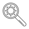 Magnifier with enlarged microbe. Linear icon of virus, bacteria, microorganisms. Black illustration of scientific research, Royalty Free Stock Photo