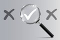 Magnifier enlarging the correct check mark from among the wrong options, the right choice, approval concept - vector Royalty Free Stock Photo