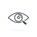 Magnifier with eye outline icon. Find icon, investigate concept symbol. Eye with magnifying glass. Appearance, aspect.