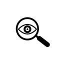 Magnifier with eye outline icon. Find icon, investigate concept symbol. Eye with magnifying glass. Appearance, aspect, look, view