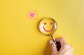 Magnifier focus to happy smile face. mental health positive thinking and growth mindset, mental health care recovery to happiness