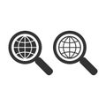 Magnifier glass and globe symbol icon. Web search concept icon set. Magnifying glass and planet symbols. Royalty Free Stock Photo