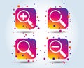 Magnifier glass icons. Plus and minus zoom tool. Royalty Free Stock Photo